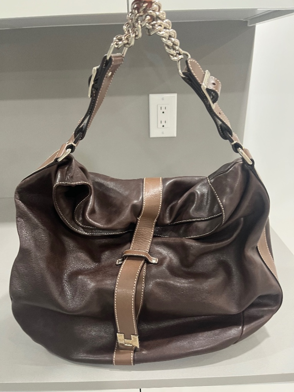 Lambertson Treux Chocolate Brown Handbag with Nickel Accent.